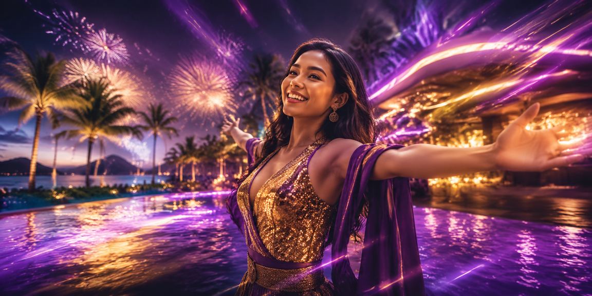 Suasana hiburan casino dengan lampu neon berwarna-warni